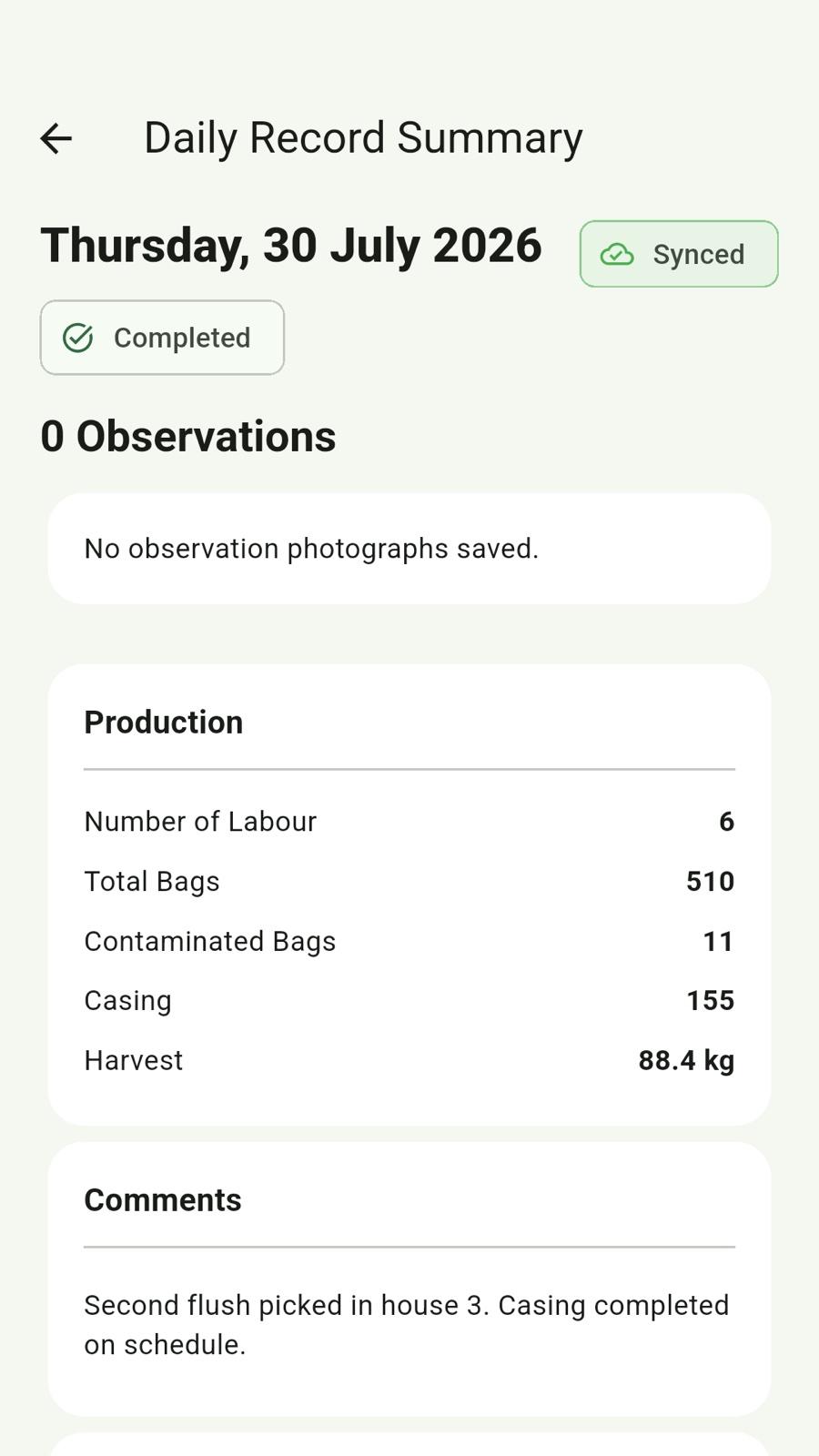 Daily record summary: workers, total bags, contaminated bags, casing, and harvest weight