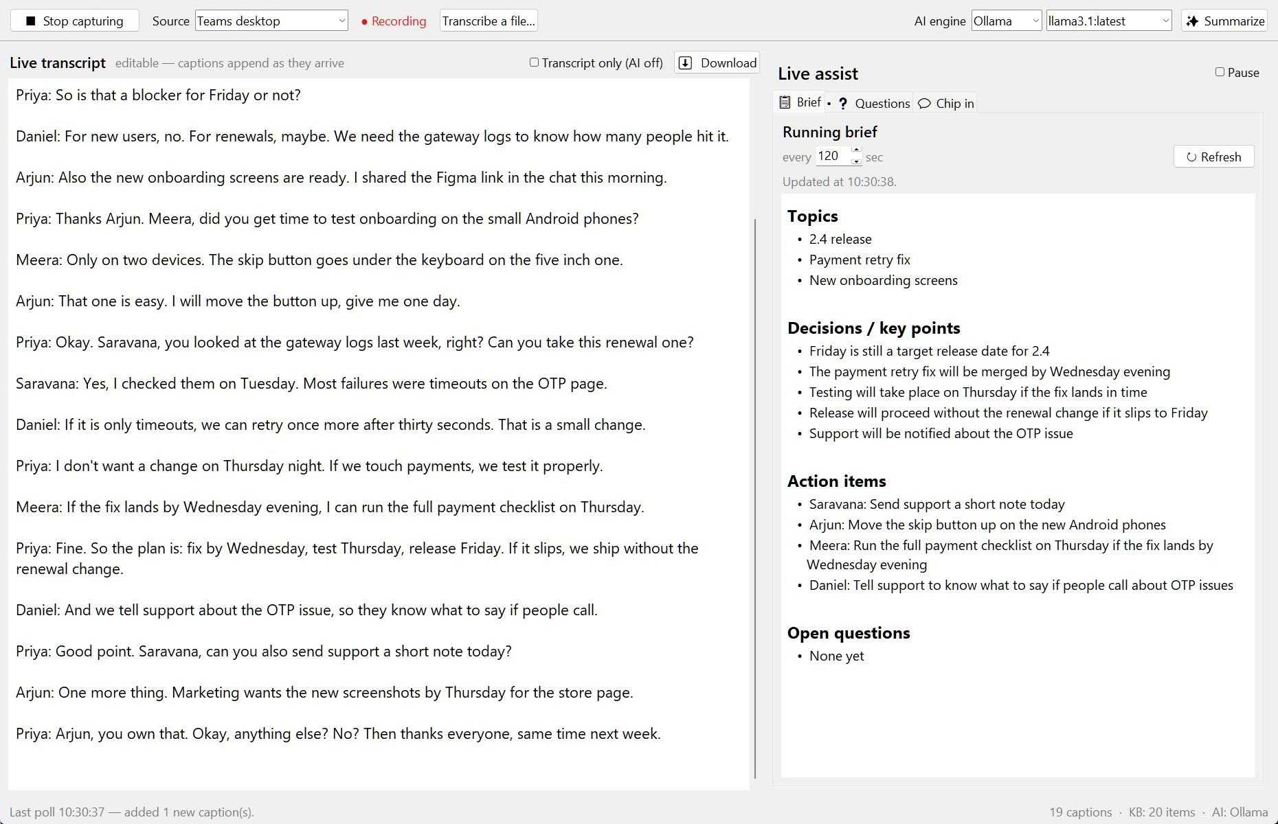 Cue during a meeting: the live transcript on the left and the running brief on the right