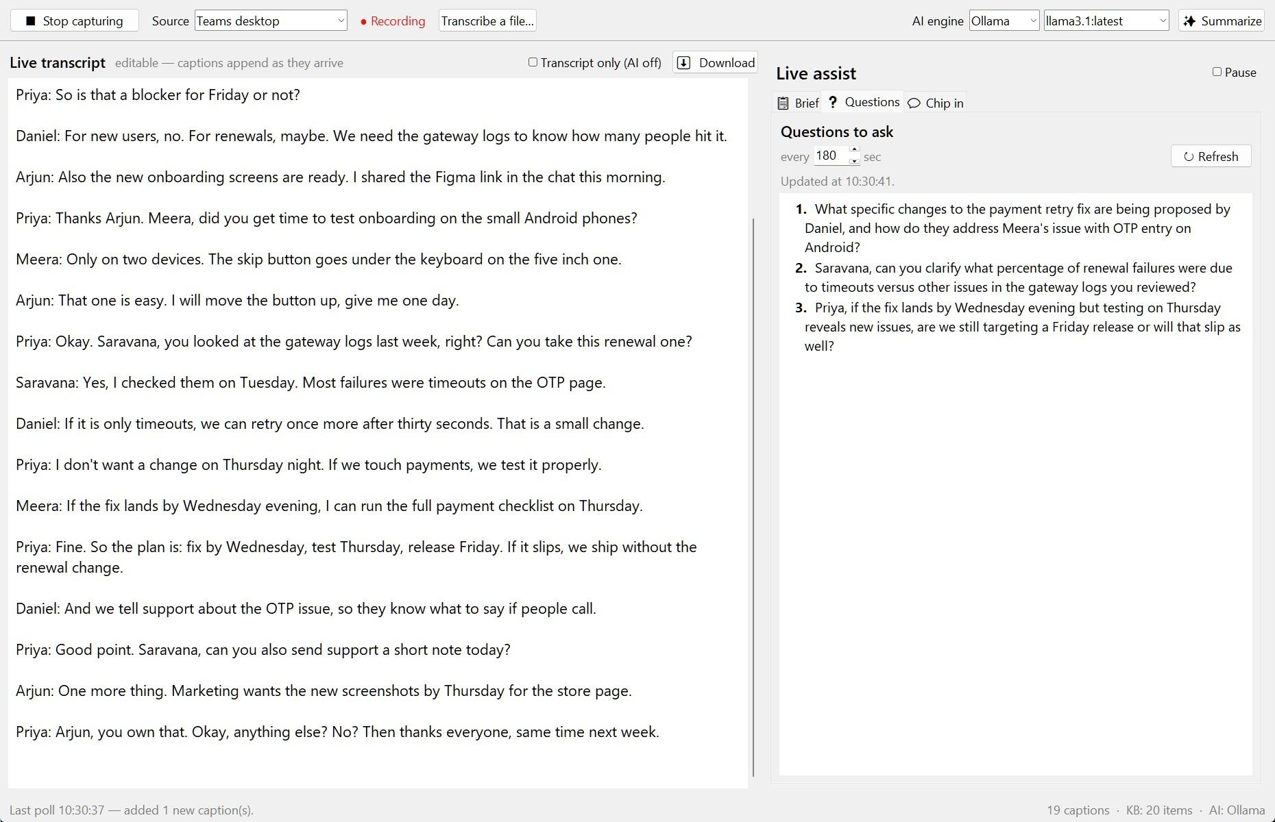 Cue's Questions tab with three questions the user could ask