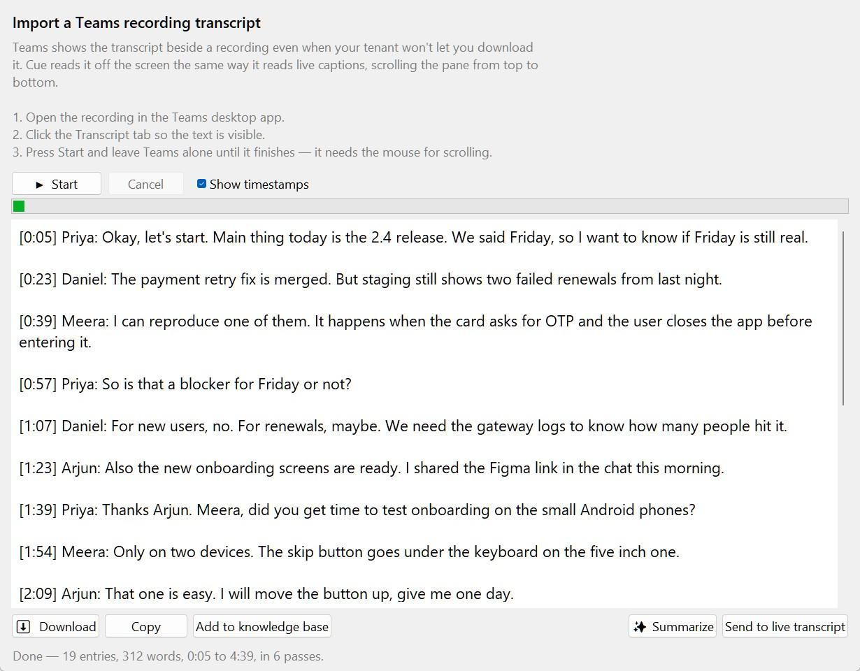 Cue's import window showing a Teams recording transcript with timestamps and speaker names