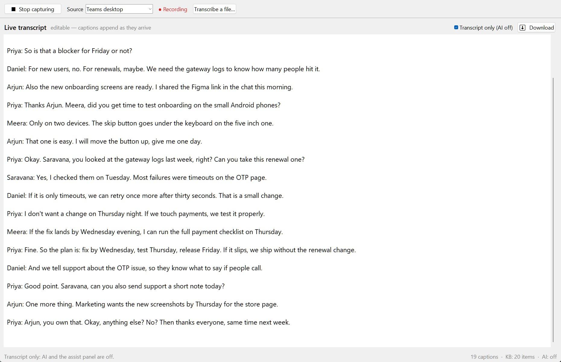 Cue in Transcript only mode: just the meeting text across the whole window