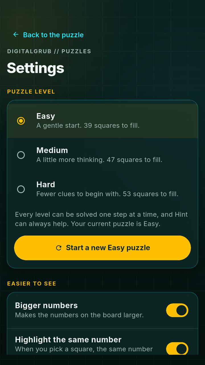 Settings with Easy, Medium and Hard and comfort switches