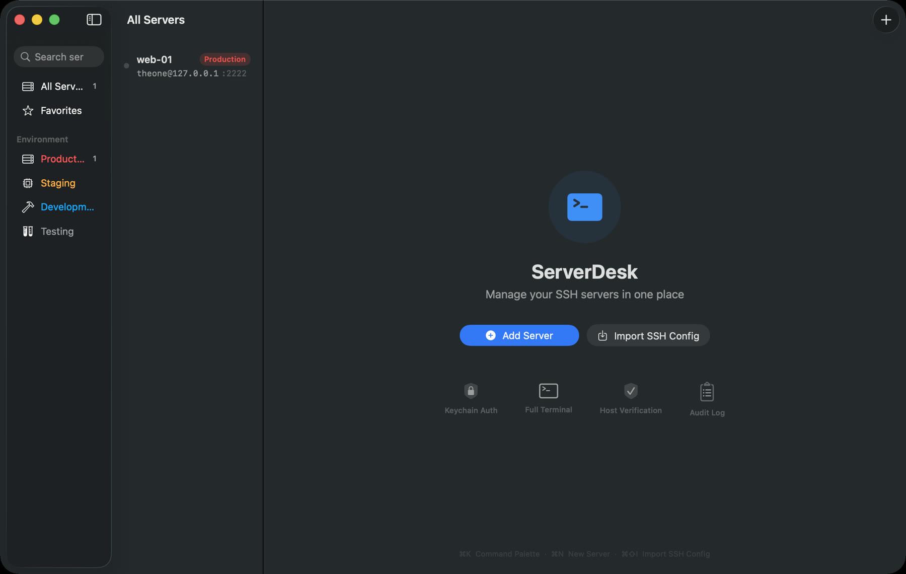 ServerDesk with one production server in the sidebar and the welcome screen