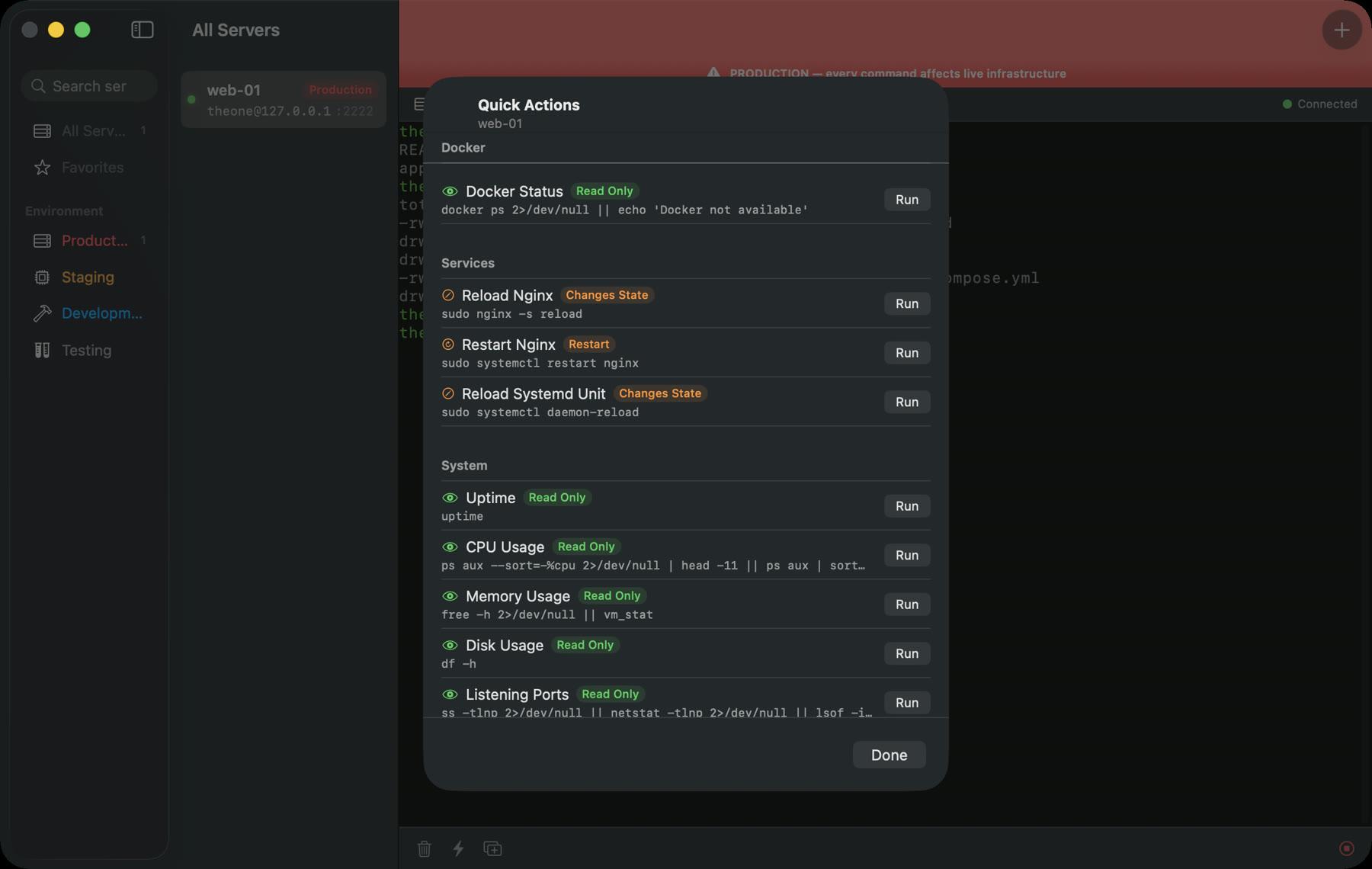 Quick actions list where every command carries a colored risk label