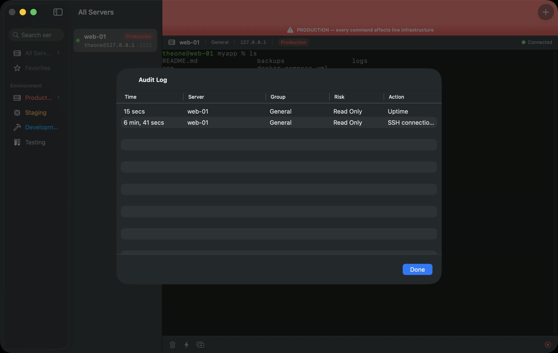 Audit log listing what ran on which server and when