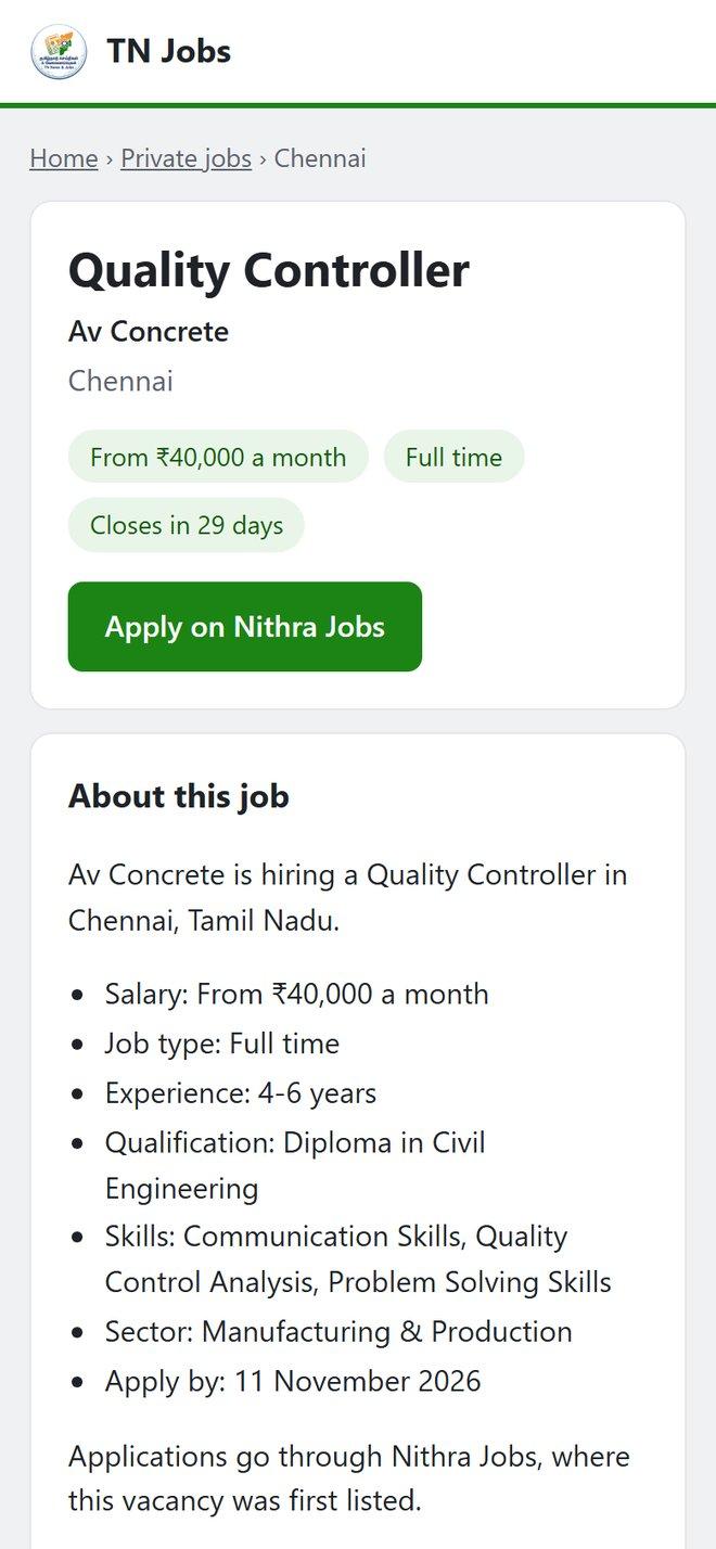 A TN Jobs job page on a phone, showing the salary, job type, days left and an apply button