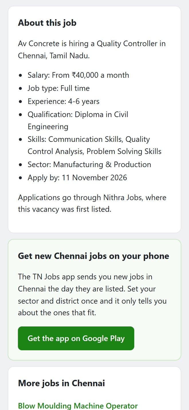 The job page's details and the prompt to get Chennai jobs in the app