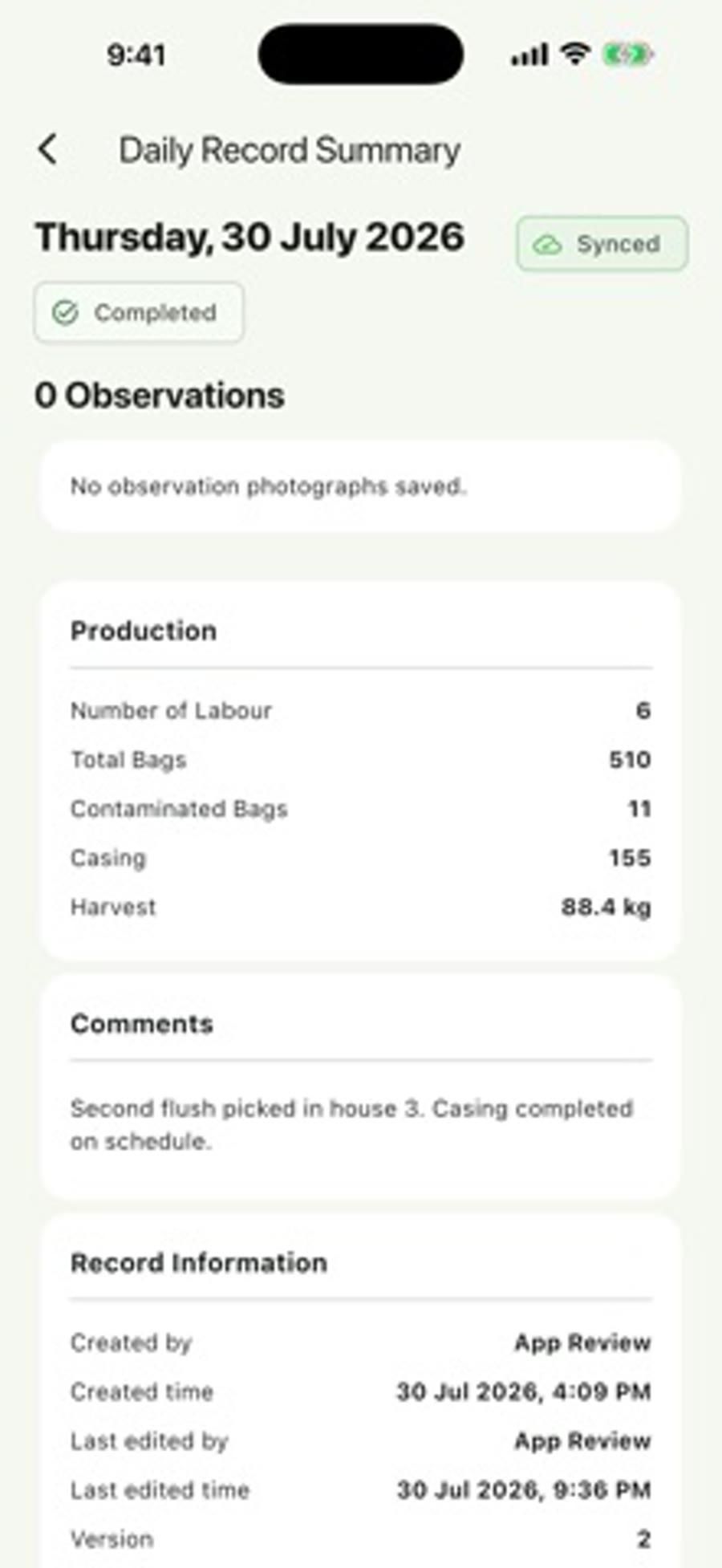 Ager Mushroom Farm end of shift figures