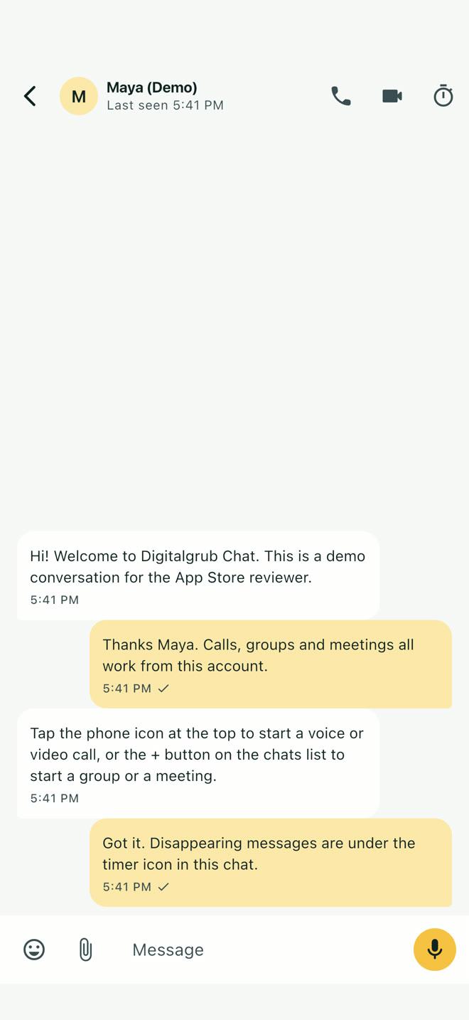 A conversation in Digitalgrub Chat, with voice and video call buttons in the header