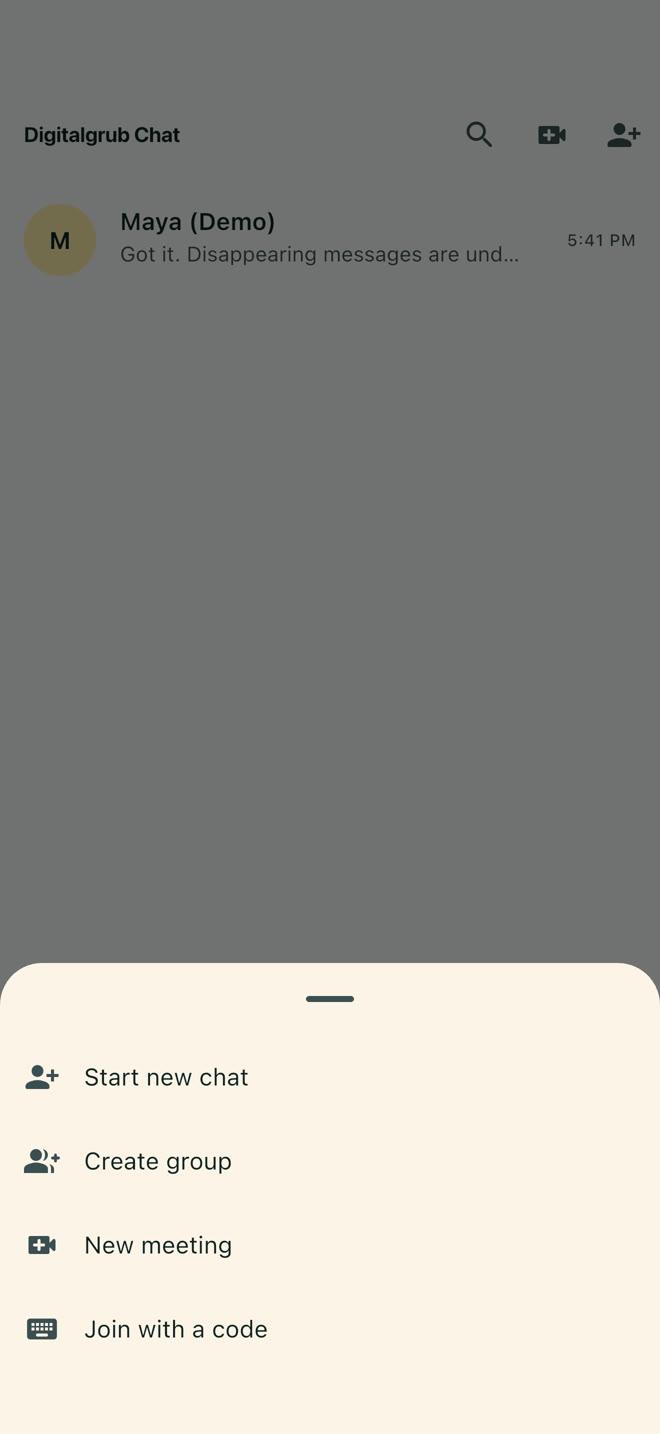 The new-chat sheet: start new chat, create group, new meeting, join with a code