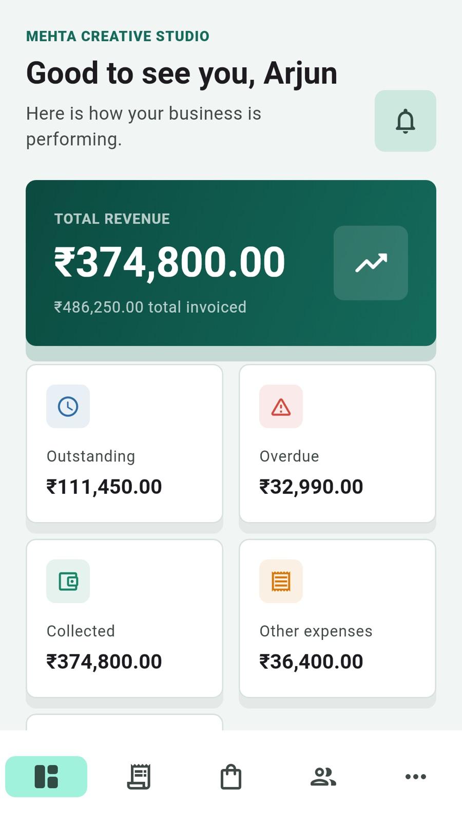 DG Invoice Maker dashboard with sales, purchases, and outstanding totals
