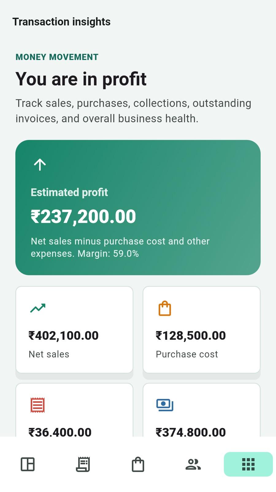 Business insights screen with performance charts