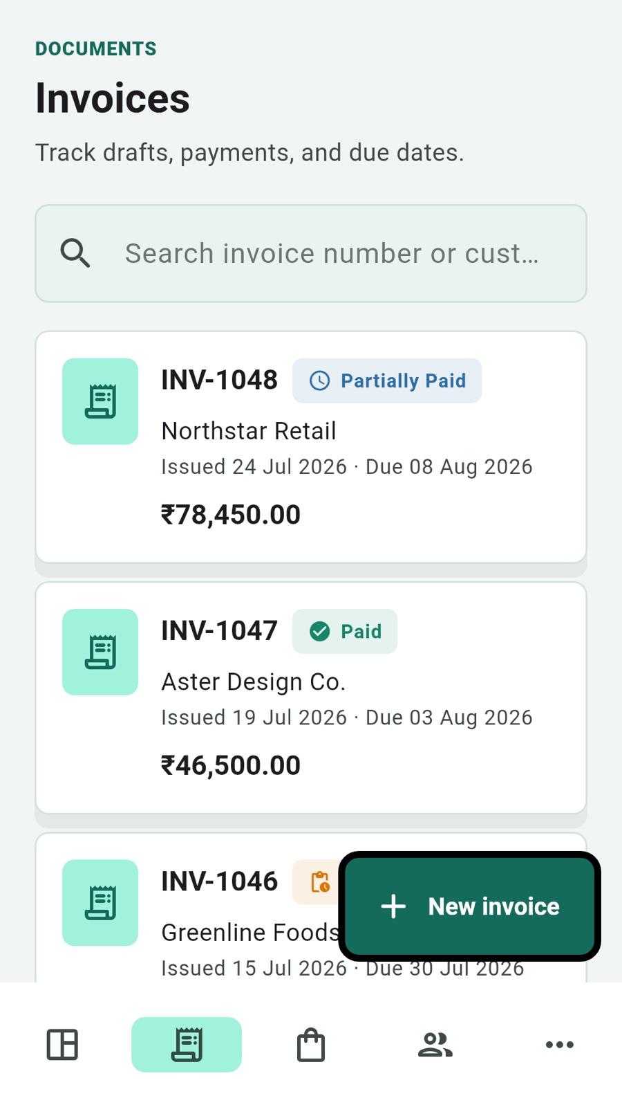 Invoice list showing paid, unpaid, and overdue statuses