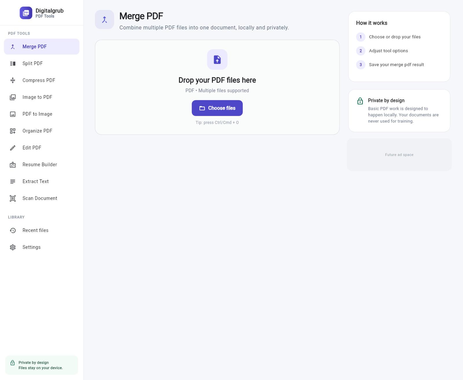The Merge PDF page with a drop zone