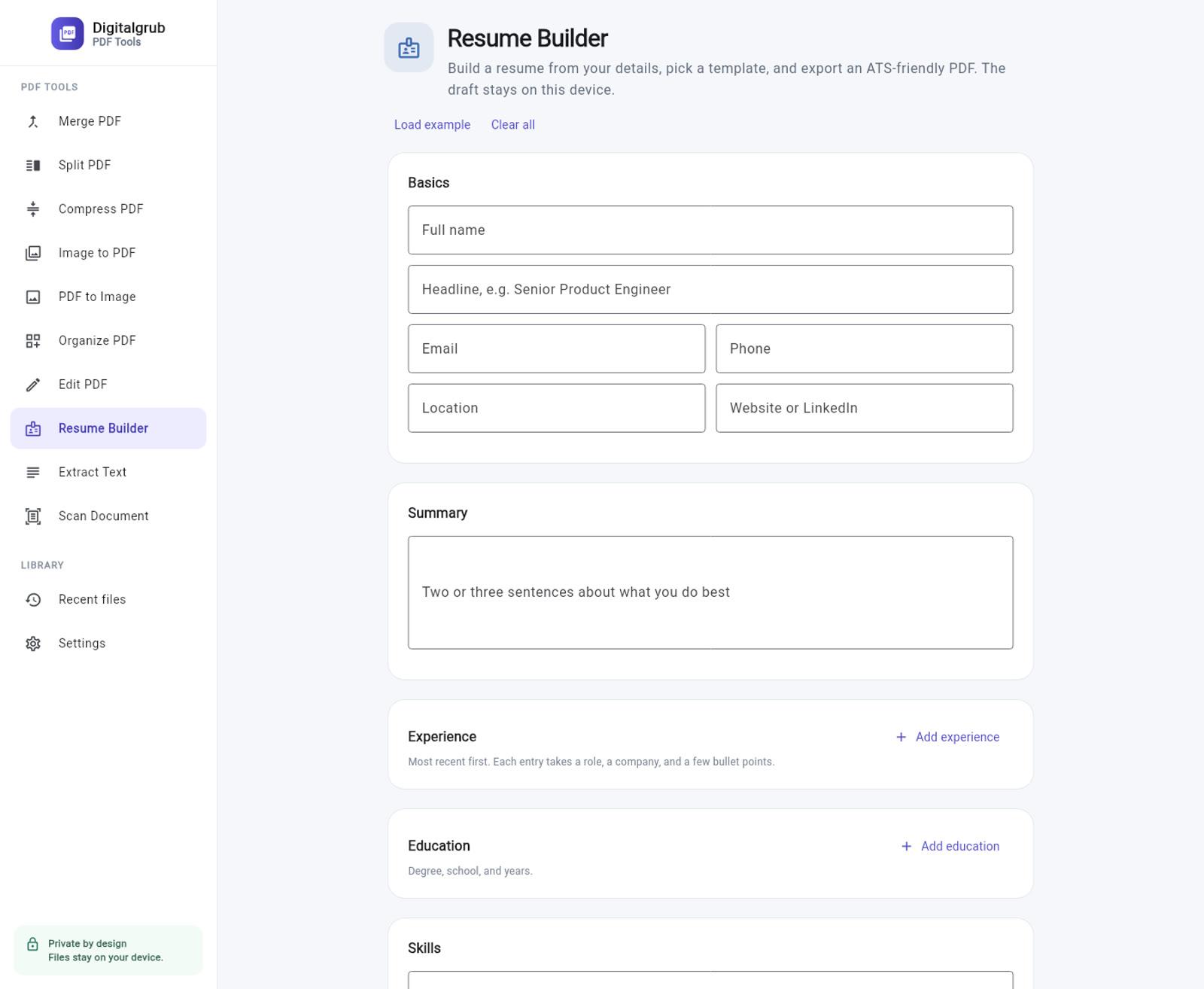 The Resume Builder form with basics, summary, experience and education