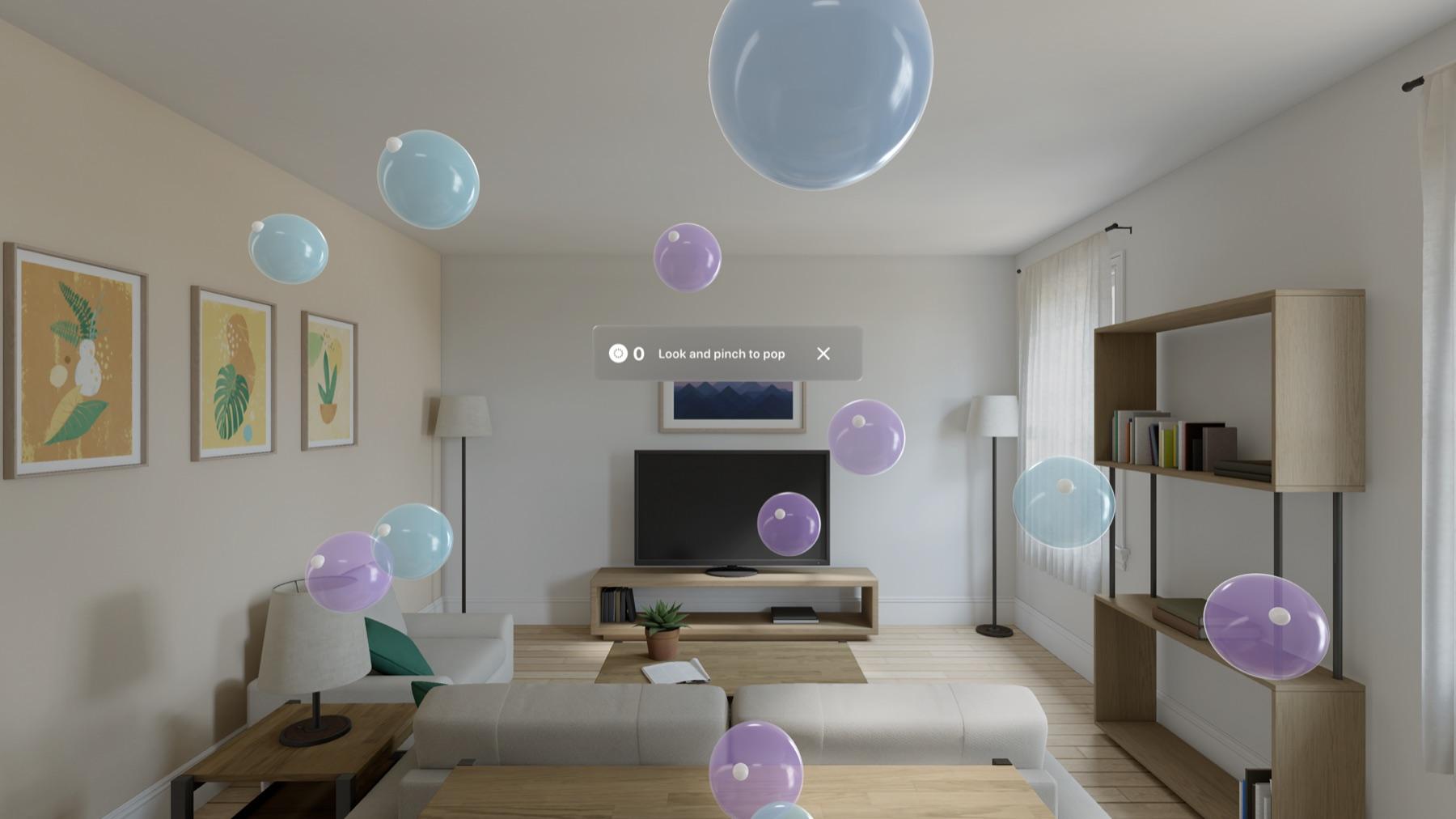 DG Stress Buster bubbles floating around a living room on Apple Vision Pro